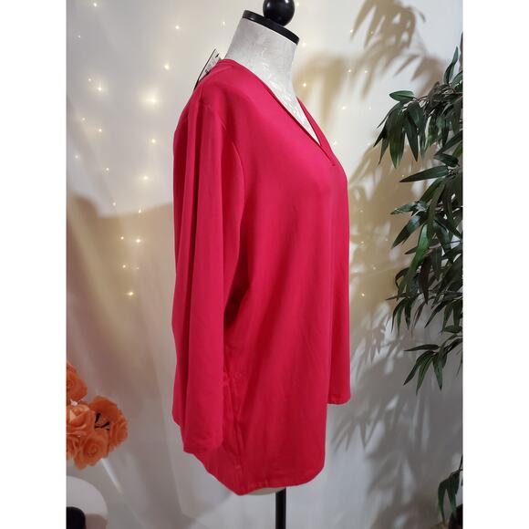 Talbots NWT Womens Pleated V-Neck 3/4 Sleeve Top Plus Size 2X Hot Pink Stretch - Picture 4 of 9